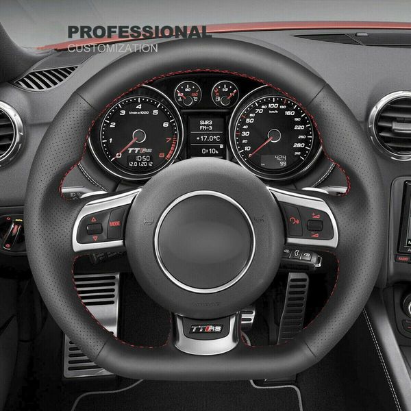 

diy custom black genuine leather steering wheel cover for audi tt rs 2009-14 rs
