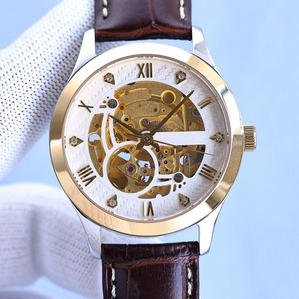 

hollow men watches automatic mechanical movement watches 42mm round bezel fashion business leather wristwatches montre de luxe, Slivery;brown
