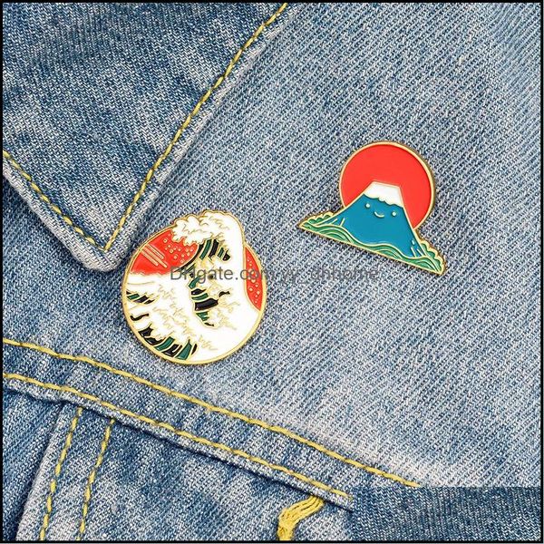 

pins brooches jewelry japanese style enamel pin custom ocean wave mount fuji brooch badges bag shirt lapel pins buckle cartoon gift for fri, Gray