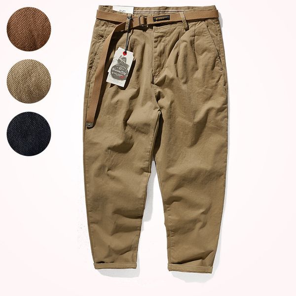 

k2171# japanese retro loose casual pencil pants men's fashionable washed old khaki elastic woven cropped tapered pants, Blue