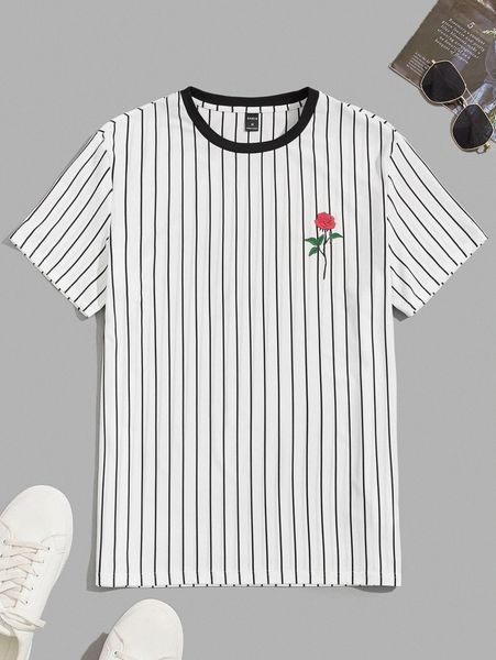

men pinstriped & rose print tee 4336#, White;black