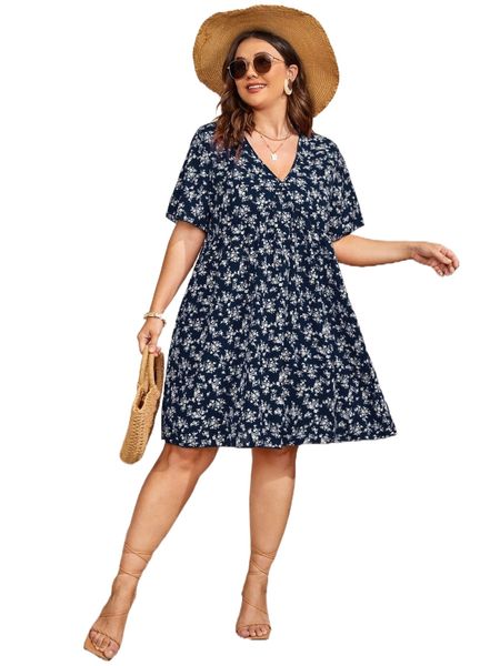 

plus ditsy floral print smock dress 14x8#, Black