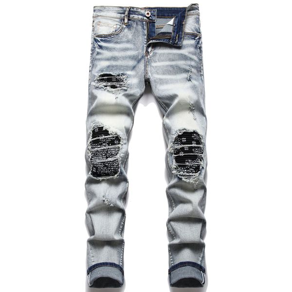 Calça de jeans raspada de remendo mass slim fit de alta qualidade design reto motociclista grande size movociclo masculino masculino de hip hop para masculino 28-42 azul preto