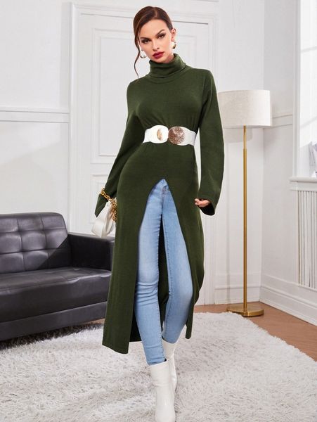 

funnel neck split hem longline sweater without belt f9gy#, White;black