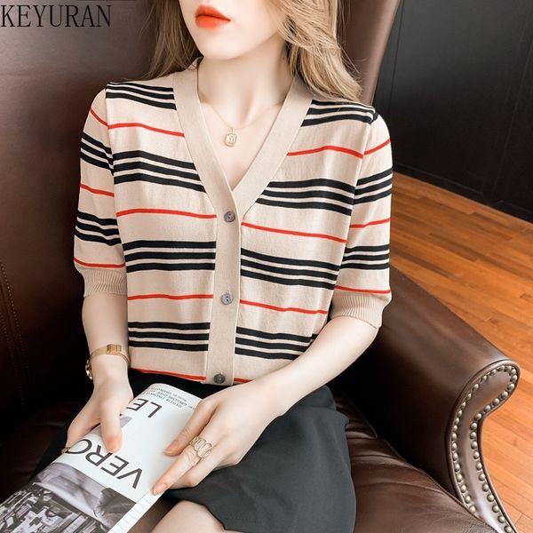 

2022 summer striped knitted cardigan women v-neck single breasted short sleeve sweater loose ice silk thin knitwear female, White;black