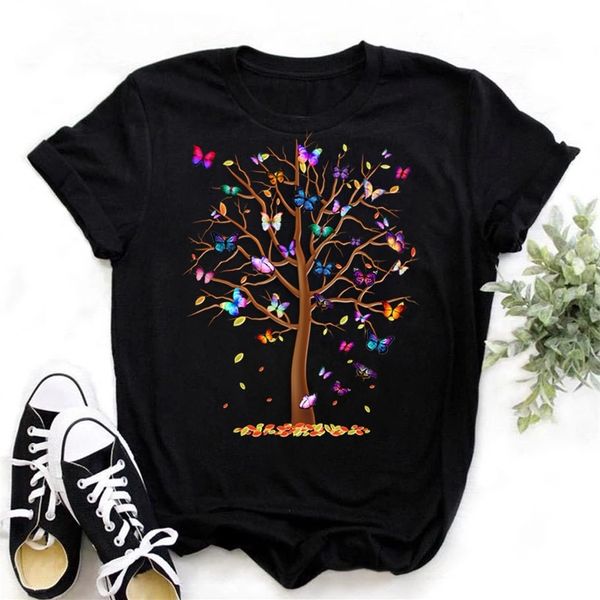 

woman butterfly tree print harajuku summer tshirts casual round neck short slee tee shirt women black tshirt drop ship 220526, White