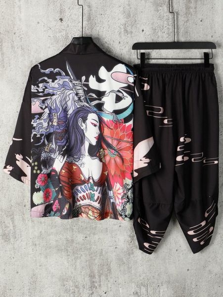 

men random figure graphic kimono & drawstring waist pants without tee 53zy#, Gray