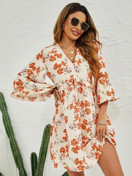 

allover floral print ruffle trim dress k2oi#, Black;gray