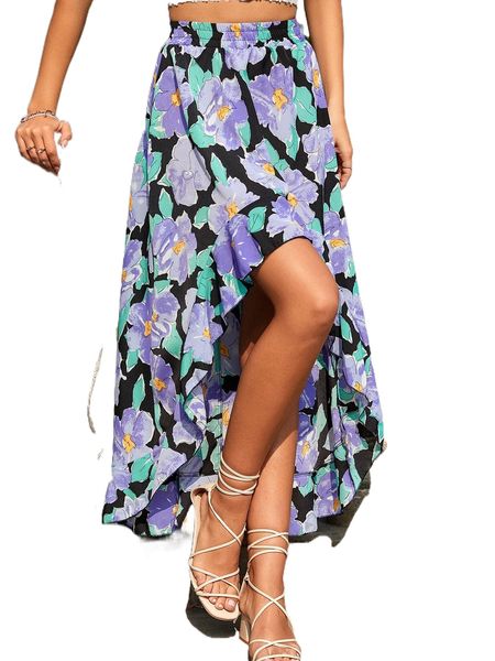 

allover floral print ruffle high low hem skirt c9by#, Black