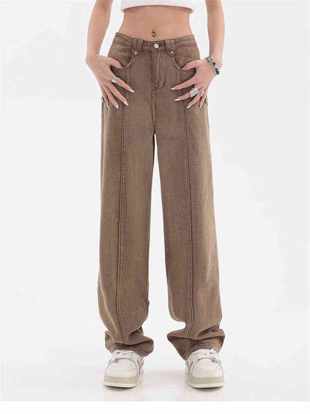 

american retro straight brown jeans women's summer high street design high waist wide leg neutral pants female denim trousers t220728, Blue