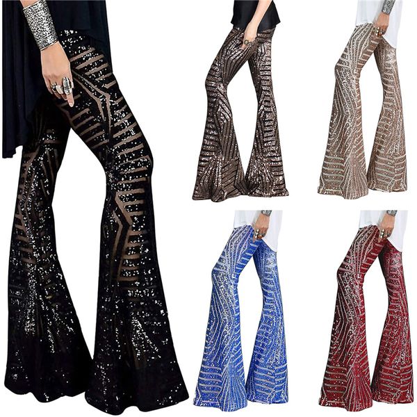 

women loose wide-leg flare pants bell bottoms ladies casual high-waisted sequin trousers palazzo bling sequin flared trouser, Black;white