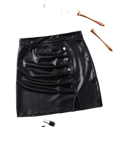 

fake button slit hem pu leather bodycon skirt c6ne#, Black