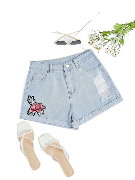 

floral patched ripped denim shorts p6hu#, White;black