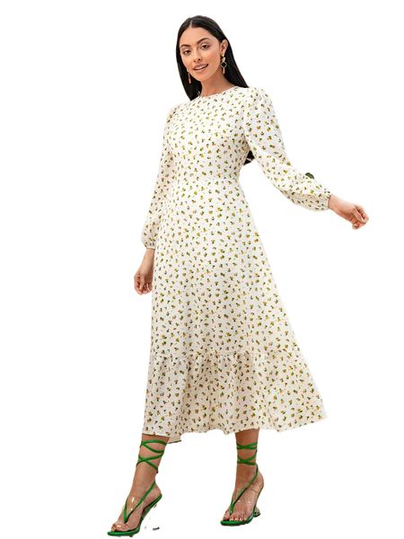 

modely daisy print lantern sleeve ruffle hem dress c9p7#, Black;gray