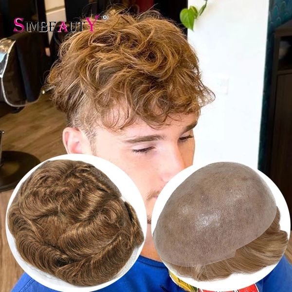 

#20 caramel brown hair wave super thin durable skin base vlooped 0.03mm 8x10 size indian raw human hair pieces men replacement system, Black
