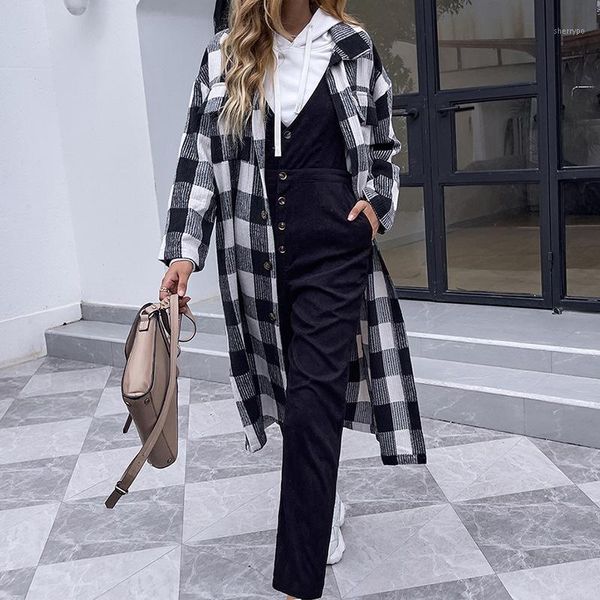 Damen Trenchcoats Schlanke langärmelige Damenmanteljacke 2022 Herbst- und Wintermode Revers Schwarz Weiß Plaid Windjacke