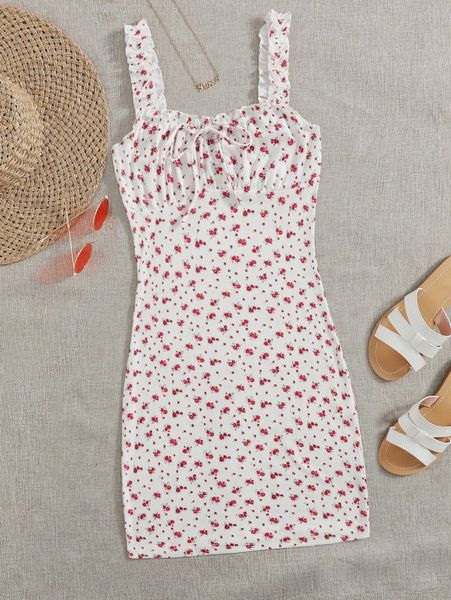 

ditsy floral print tie front ruched bust dress 778e#, Black;gray