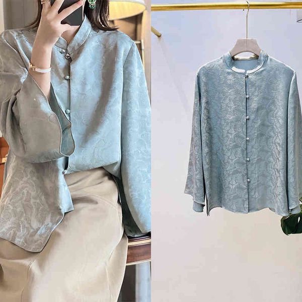 

women's polos p430450dlm 2022 catwalk silk jacquard round neck single breasted chinese style shirt women's original, White