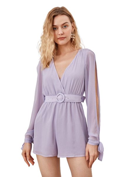 

split sleeve tie cuff belted romper b7ol#, Black;white
