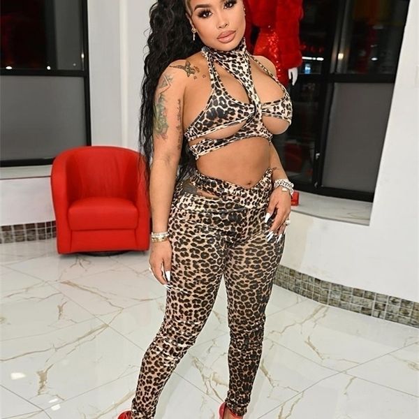 

kliou leopard two piece set women halter sleeveless hollow out crop +pencil pants matching outfit girl party streetwear 220512, White
