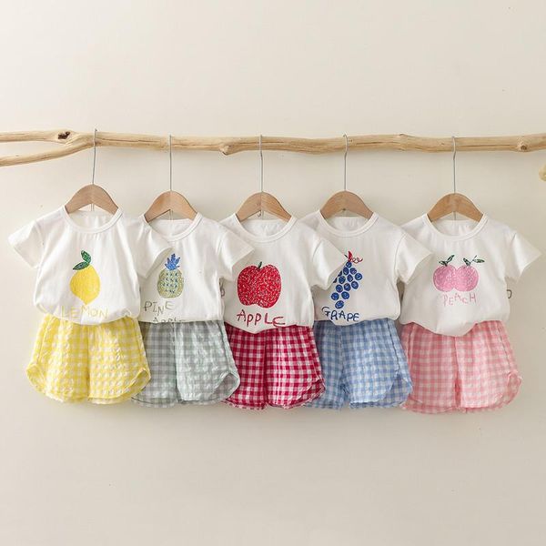 

girls summer children clothing sets plaid shorts short sleeve t shirt baby clothes sweet cute for 2 4 6 8, White