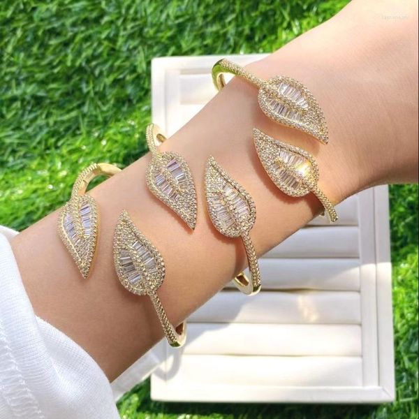 Bileklik 3pcs Altın Kaplama Yüksek Kaliteli Açık Kristal Zirkon Yapraklar Yaprak Açık Bileklik Tasarımları Pulseras Moda Jewelrybanglebangle Lars22