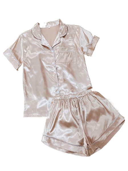 

contrast piping satin blouse & shorts pj set e4rb#, Black;red