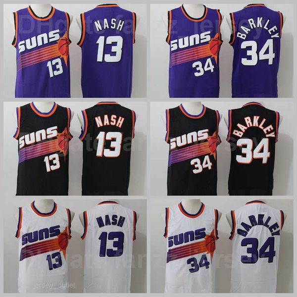 Maglia uomo Retro Steve Nash 13 Basket Vintage Charles Barkley 34 Nero Viola Bianco Colore squadra Ricamo e cuciture Traspirante Alta qualità