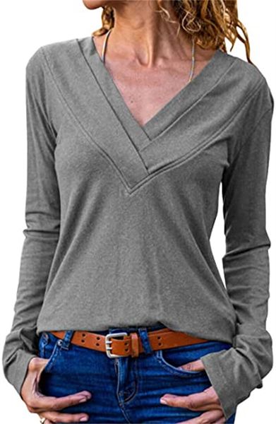 

& tees women folding v-neck long sleeve shirt casual t-shirt solid color pullover, White