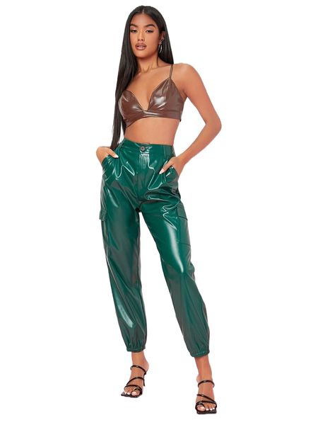 

pu leather high waist jogger pants y2cp#, Black;white