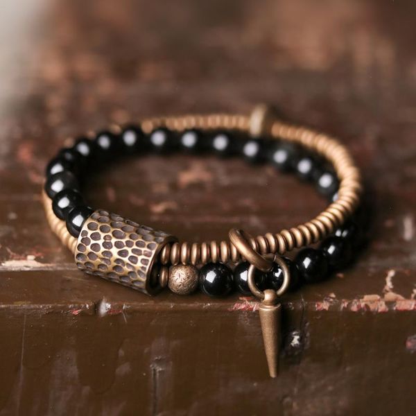 

black obsidian beads bracelet strands hammered brass two row health unisex