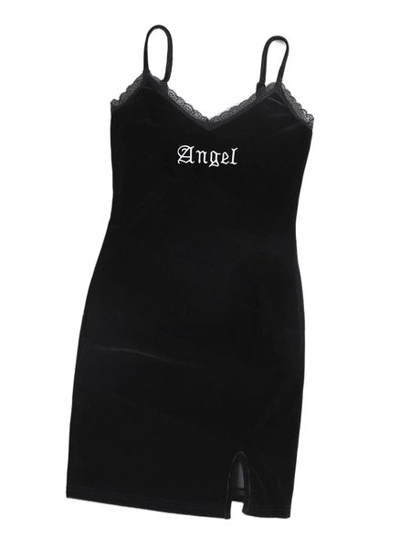 

plus lace trim split hem letter embroidered velvet bodycon dress 73fd#, Black