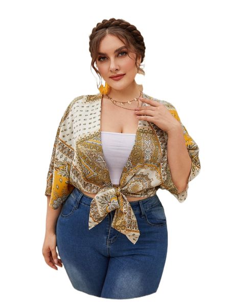 

plus scarf print batwing sleeve knot front z6rd#, Black