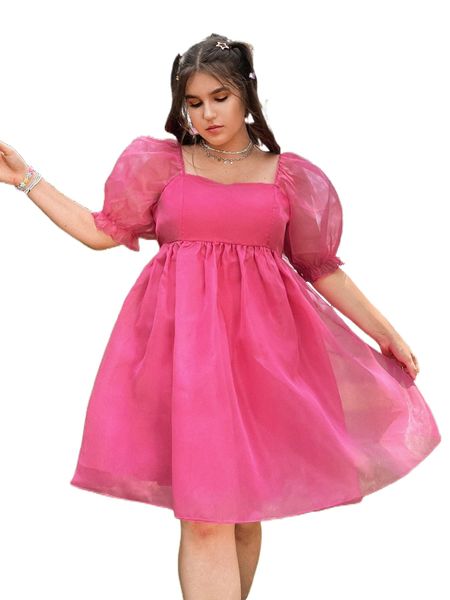 

plus square neck puff sleeve organza dress 70oc#, Black