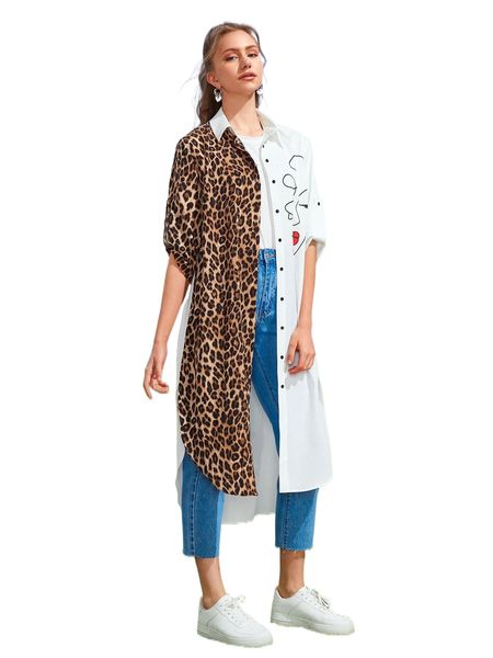 

l.eopard print a.nd f.igure graphic r.oll u.p s.leeve b.louse p6xe#, White