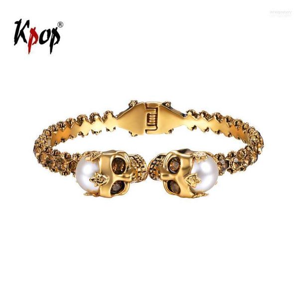 Bangle Kpop Skeleton Skull Open Antique Gold Color Artificiate Pearl Brown Atheston