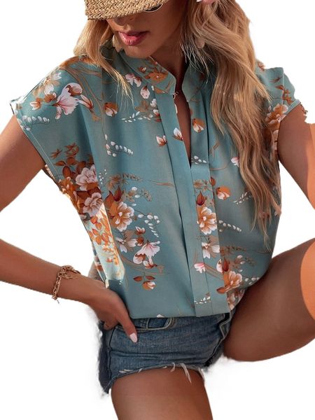 

floral print notched neck blouse h564#, White