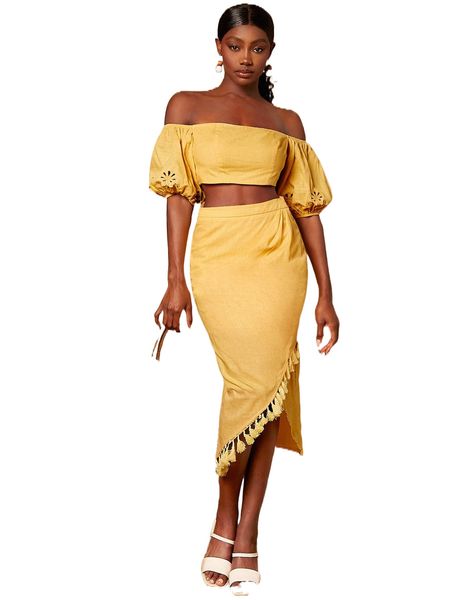 

off shoulder eyelet embroidery & tassel hem skirt x95s#, White