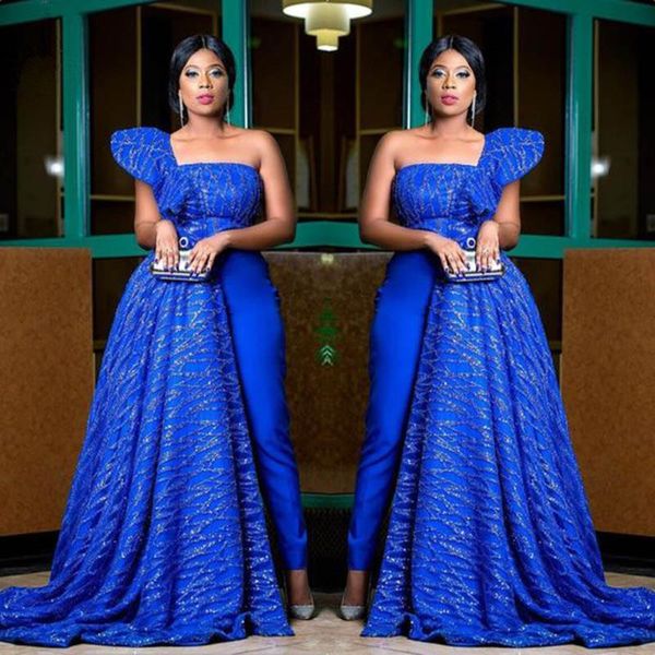 Partykleider Wunderschönes nigerianisches Spitzenabendkleid für den stilvollen Hochzeitsgast Royal Blue One Shoulder Jumpsuit Ballkleider Robe De SoireeP