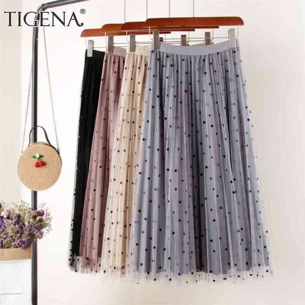 

tigena reversible tulle velvet skirt women fashion spring elegant polka dot long skirt female high waist pleated midi skirt 210325, Black