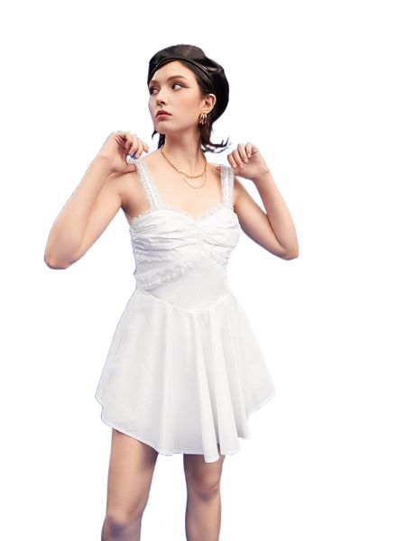 

x gytarh lace trim ruched cami dress d8h4#, Black;gray
