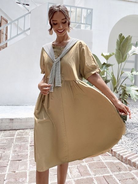 

solid button front smock dress c4ox#, Black;gray