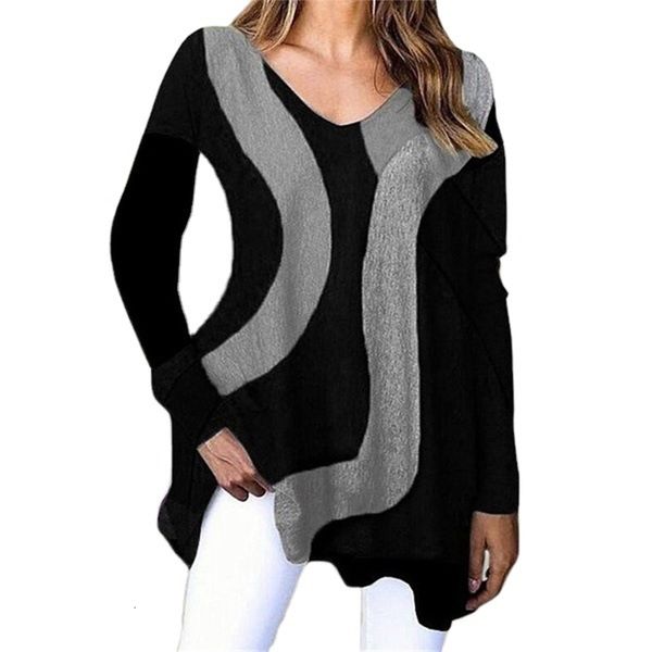 

women's t-shirt v-neck pullover long sleeve geometric pattern loose casual women's t-blood ynho, White