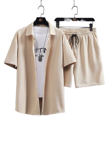 

men solid shirt & drawstring waist shorts without tee c5xf#, Gray