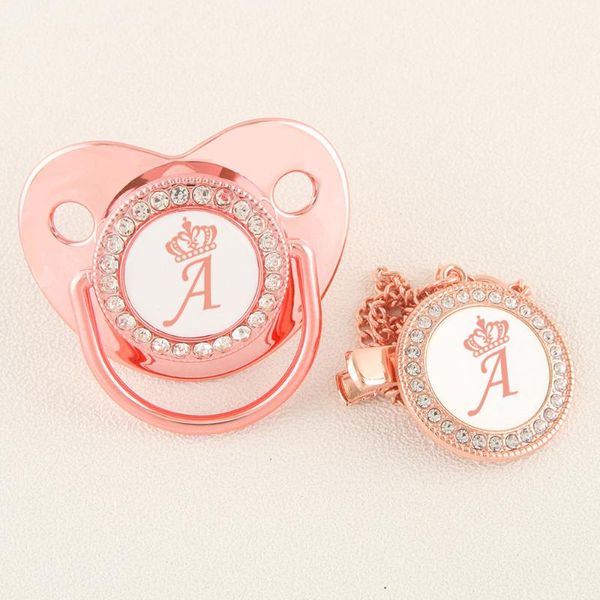 Pacificadores# coroa de ouro rosa 26 Nome Carta inicial Pacifiadora de bebê com clipe alimento de qualidade de silicone Soother Bling exclusivo GiftPacifiers#