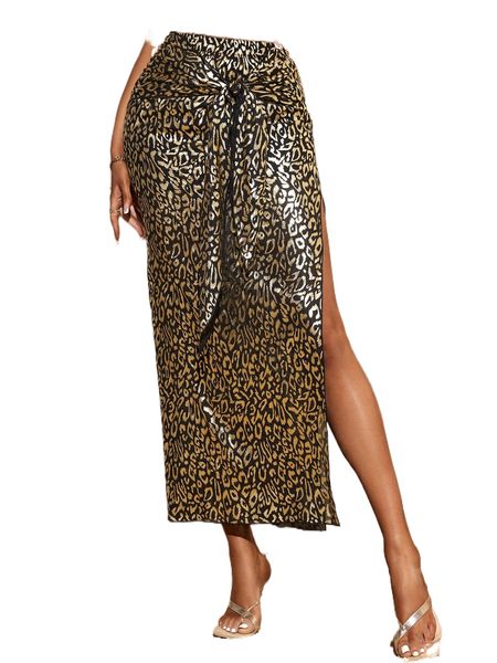 

leopard knot front split thigh skirt t3ze#, Black