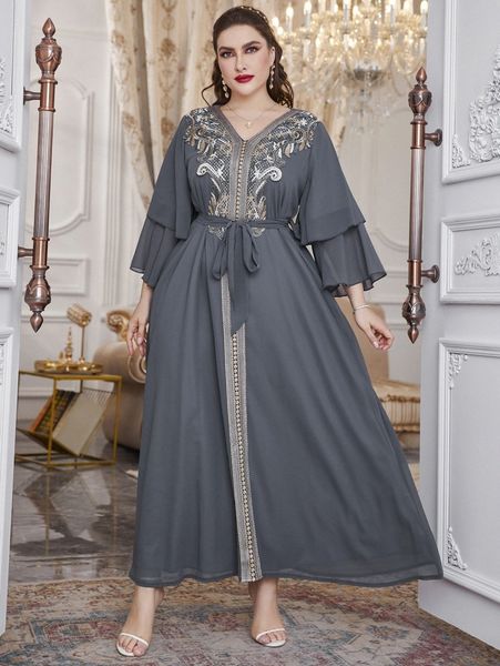

plus contrast taped flounce sleeve belted maxi dress n30l#, Black