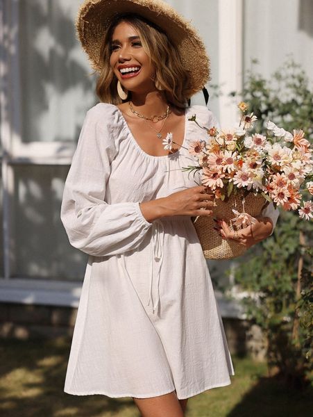 

lantern sleeve tie front scoop neck dress h5fx#, Black;gray