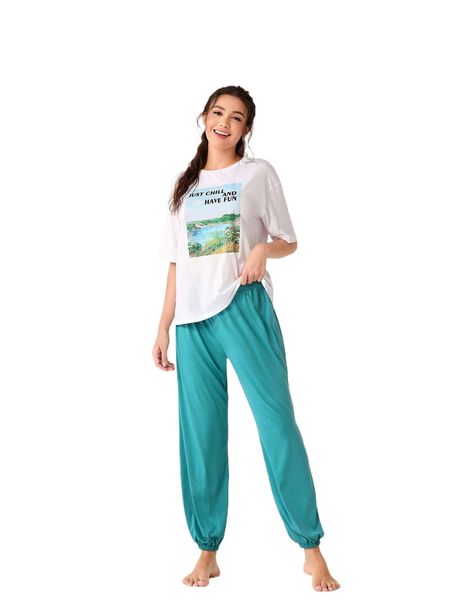 

landscape & slogan graphic drop shoulder pj set 454u#, Black;red