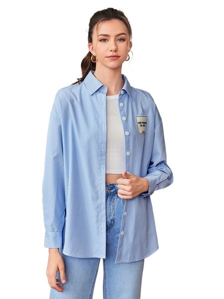 

striped patch detail drop shoulder blouse 31hl#, White